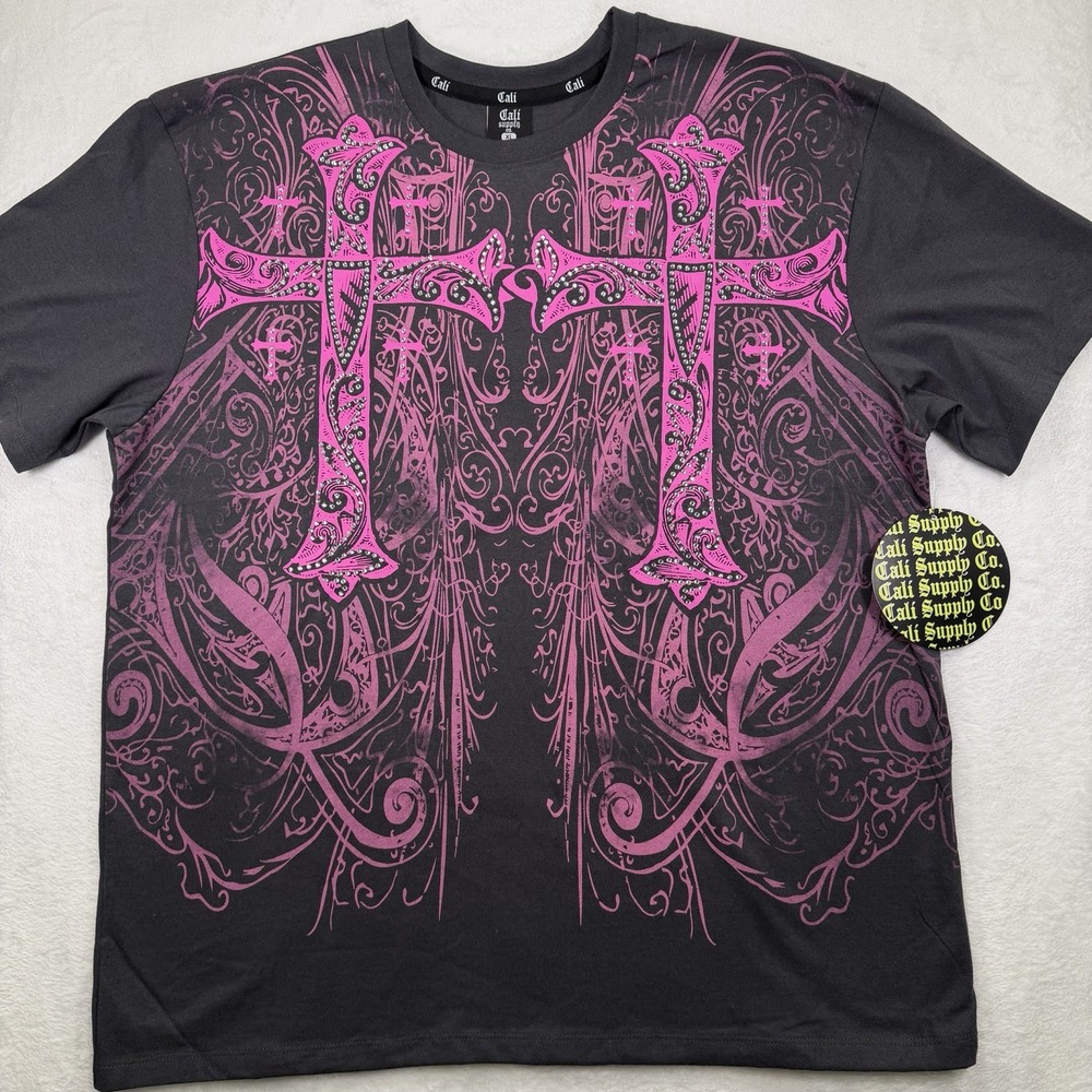 Affliction Style Graphic Tee Mens XL Embellished Bling Pink Cross Short Sleeve